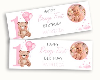 Personalised Beary First Birthday Pink Banner Watercolour Teddy Bear, Name & Photo (1st Birthday Decoration)