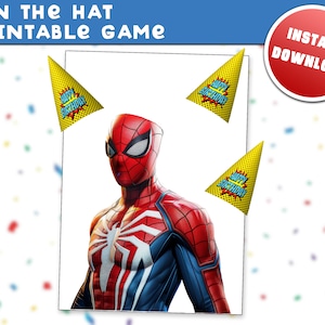 Puede incluir: Juego imprimible con un personaje de Spiderman y tres sombreros de fiesta amarillos con el texto "Feliz cumpleaños". El juego se llama "Pin the Hat".