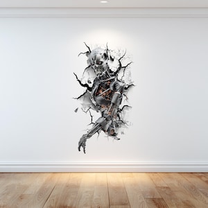 May include: A wall decal featuring a detailed, metallic robot emerging from a cracked wall. The robot has a skeletal design with visible mechanical components and a menacing expression. The color palette is primarily silver, gray, and black, with hints of orange.