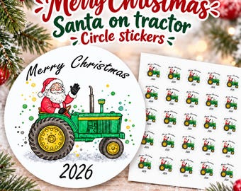 Santa Claus on Tractor Merry Christmas Festive Holiday Circle Stickers