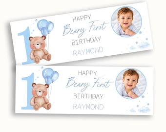Personalised Beary First Birthday Blue Banner Watercolour Teddy Bear, Name & Photo (1st Birthday Decoration)