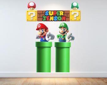 Super Mario and Luigi out of Pipes Pointing at you Personalized Name on Blocks Children's Games room  Decoration wall vinyl graphic sticker