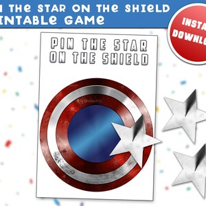 May include: Printable game featuring a red, white, and blue Captain America shield with a silver star. The game is called "Pin the Star on the Shield".