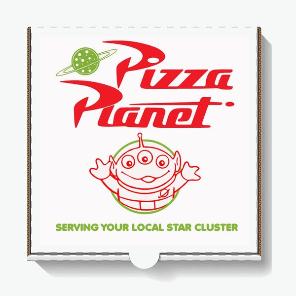 Etiqueta de caja de pizza con el logotipo de extraterrestre verde de Pizza Planet: Decoración para fiesta de Toy Story