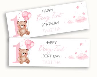 Personalised Beary First Birthday Pink  Banner: Watercolour Teddy Bear, Name (1st Birthday Decoration)