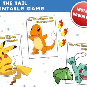 Confezione da 3 pezzi Pin the Tail su Pikachu Charmander Bulbasaur Divertente festa di compleanno Gioco per bambini Stampa e taglia a casa Carta per stampante Pokemon per bambini