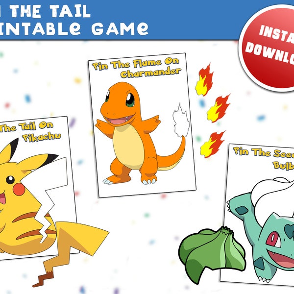 Pin the Tail 3x Pack on Pikachu Charmander Bulbasaur Fun Birthday Party Children's Game Print and Cut at Home Printer Paper Kids Pokemon