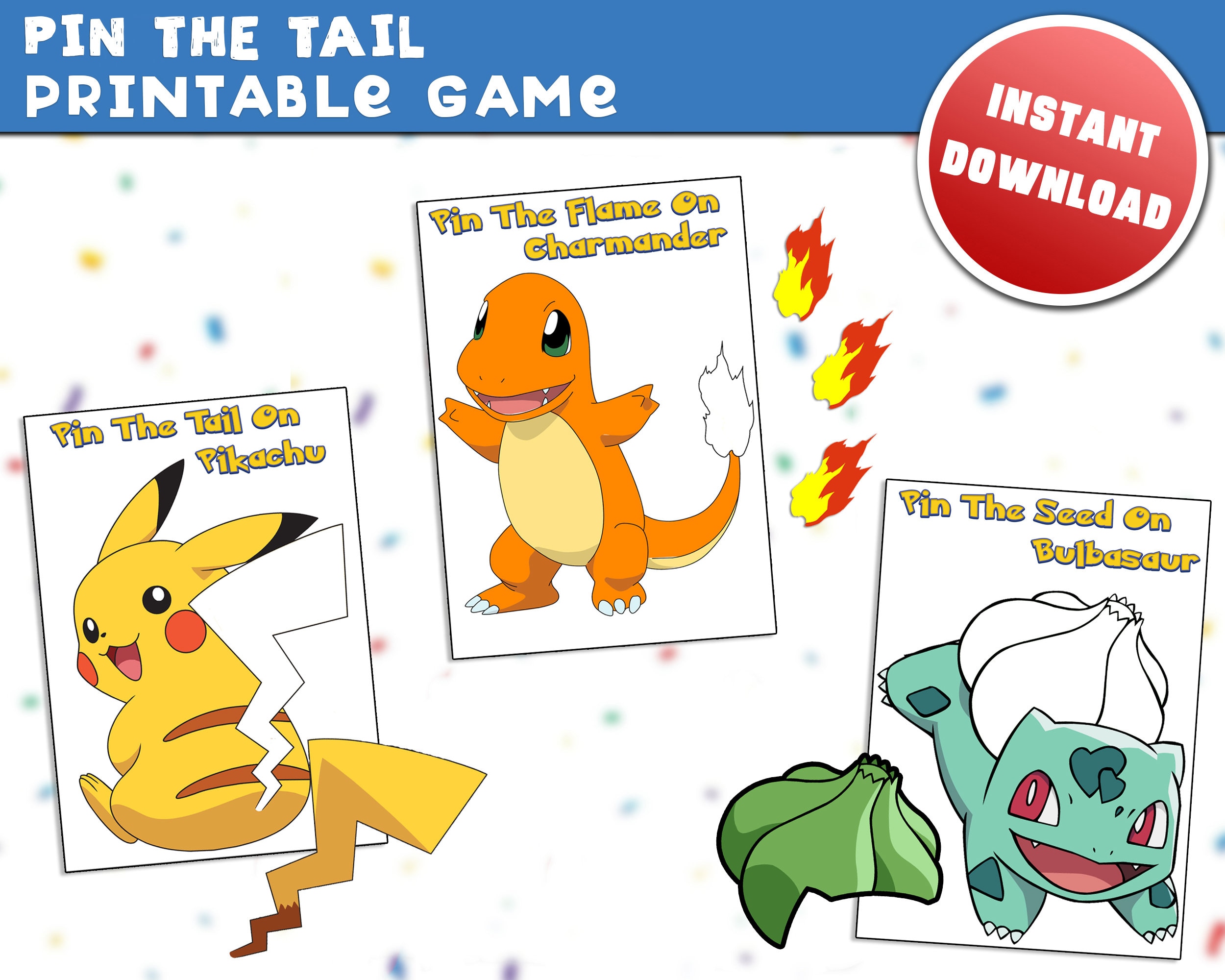 ポケモンのしっぽ付けゲーム：ピカチュウ、ヒトカゲ、フシギダネ