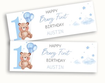 Personalised Beary First Birthday Blue Banner: Watercolour Teddy Bear, Name (1st Birthday Decoration)
