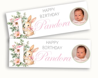 Personalised Watercolour Bunny 1st Birthday Photo Banner, Floral Girl Party Decoration