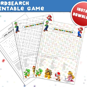 May include: A printable Super Mario Bros. word search game with a colourful background and a grid of letters. The game includes a list of words to find, such as "Adventure", "Bowser", "Castle", "Coin", "Fireball", "Goomba", "Kart", "Koopa", "Life", "Luigi", "Mario", "Mushroom", "Peach", "Pipe", "Princess", "Star", "Super", "Toad", and "Yoshi".