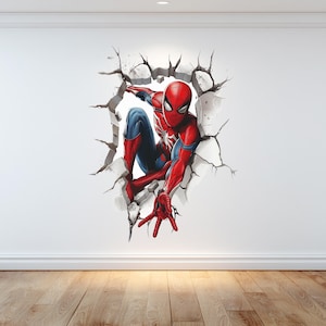Spiderman Smashing through the wall Cracked Design Adult Children's Games room Home Decoration wall vinyl graphic sticker Glossy