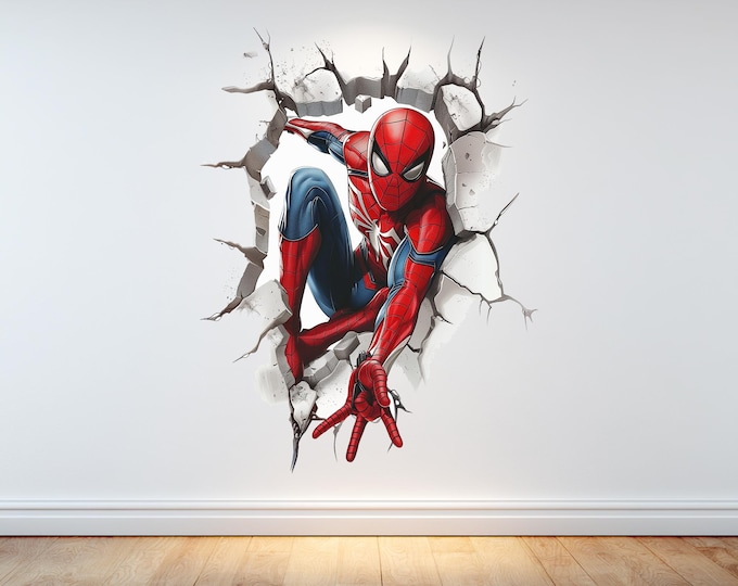 Spiderman Smashing through the wall Cracked Design Adult Children's Games room Home Decoration wall vinyl graphic sticker Glossy