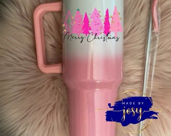 40 oz Dupe handle tumbler / Shimmery  Pink ombre tumbler 40 oz / Tumbler with handle / 40 oz dupe / Pink Christmas / Pink Christmas glitter