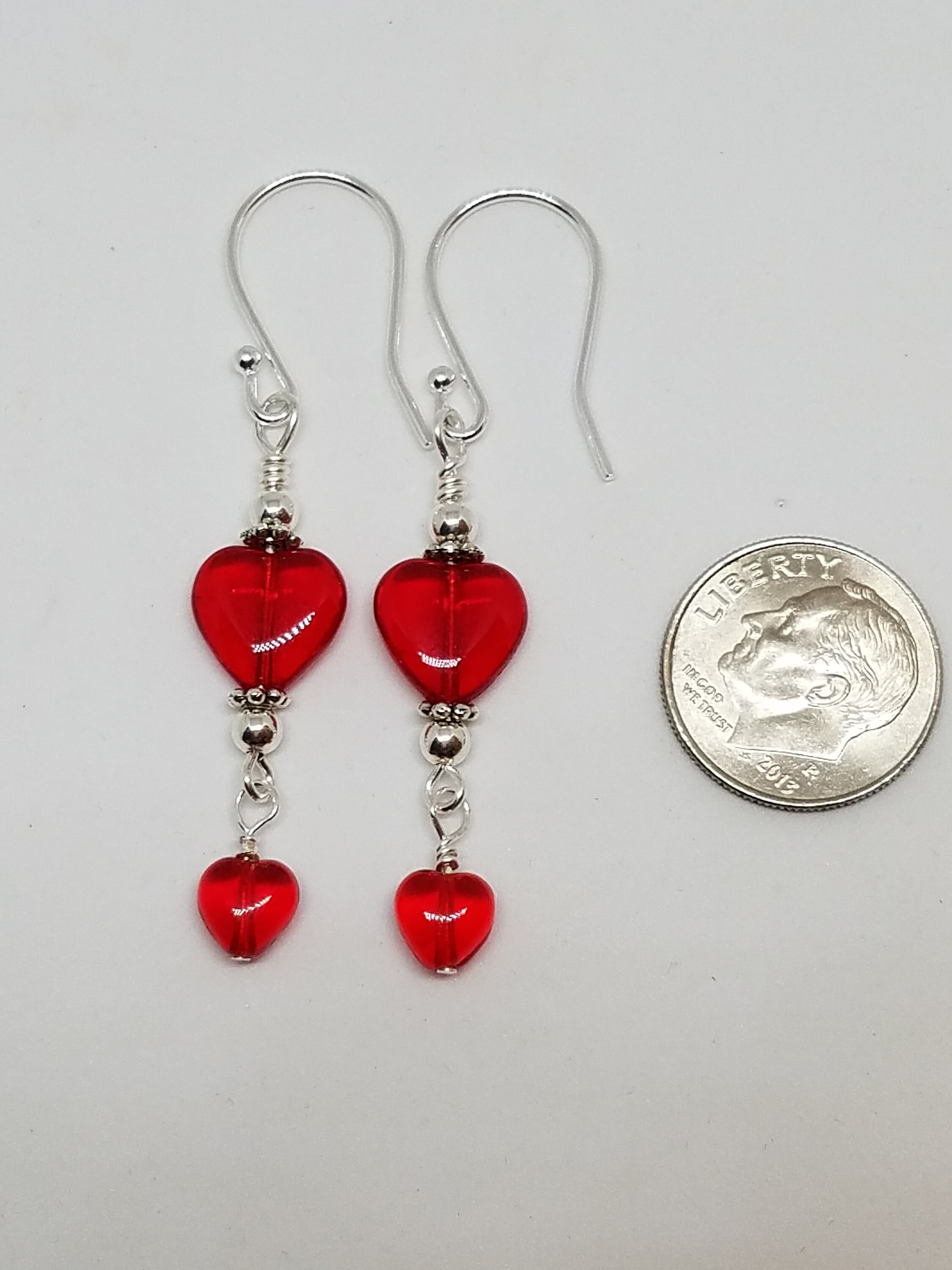 Red Heart Dangle Drop Earrings with Silver Plate Ear Wires | Etsy