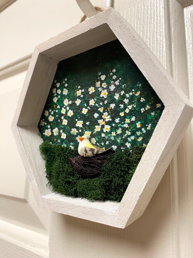 Yellow Bird With Spring Scene Shadow Box - Hexagon - Etsy