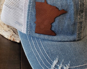 Minnesota Hat | Distressed Trucker Hat | MN State Hat | Faux Leather Patch Hat |