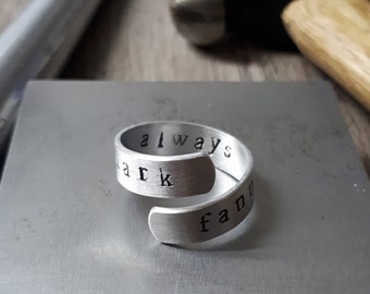 Personalized hand stamped silver ring adjustable twist ring custom name pet ring anniversary