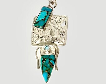 TURQUOISE ARTISAN PENDANT sleeping beauty turquoise & blue topaz Sterling silver open-work unisex southwestern style jewelry gift (ref.sp4)