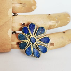 LAPIS CLUSTER RING Vintage Afghan silver ring lapis lazuli flower cluster unisex ring size 8