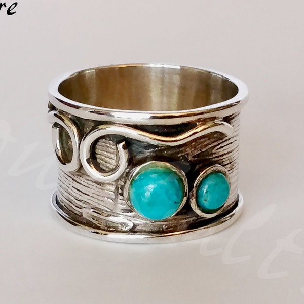 TURQUOISE CIGAR RING solid boho textured sterling silver ring 2 turquoise settings size 7.5 Ref SK20206 Amazing Bali Ring