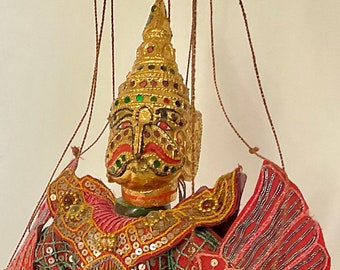 GOLDEN BURMESE MARIONETTE vintage Gilt puppet beaded sequined handcrafted "the bird" Rare Myanmar theatre Yoke Thé Mythology string puppet