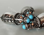 SNUFF PERFUME BOTTLE Pendant repoussé Tibetan style Silver tone Turquoise, Coral Accents Unisex