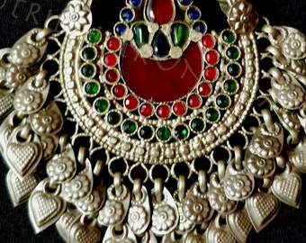 VINTAGE TIKKA PENDANT very large fan shape vintage pendant with dangles and glass jewel settings, crescent moon - adjustable boho jewelry