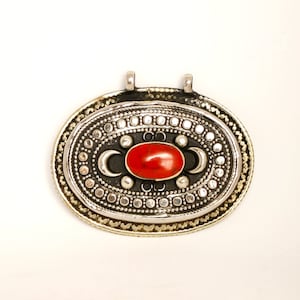 LARGE UZBEK PENDANT - highly textured silver pendant with coral like cabochon Tribal Trunk