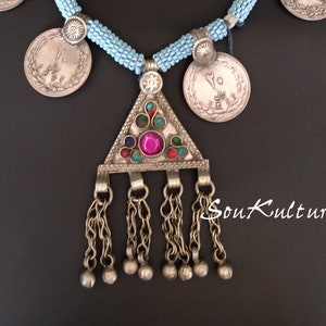BELLYDANCE PENDANT NECKLACE beautiful tribal pendant Vintage Kuchi rupee coins necklace glass jewel and bells dangle pendant Tribal Trunk