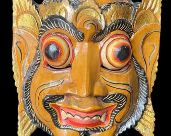 MASQUE MURAL JAVANAIS authentique vintage dorure polychrome sculpté bois d'Albesia Javanais Barong Golek Topeng Theatre masque mural art folklorique des années 1970