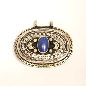 LARGE UZBEK PENDANT - highly textured silver pendant with Lapis Lazuli cabochon Tribal Trunk