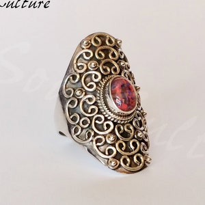 FIRE OPAL MARQUISE ring sterling silver saddle ring swirls red focal fire opal thick band ornate textured .925 ring size 7.5