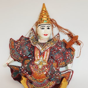 BURMESE STRING MARIONETTE Minthar vintage Thar-Gya-Min string puppet colorful beaded sequined handcrafted deity Myanmar Yoke Thé