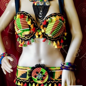 KENTE TRIBAL BRA  Tribal Fusion African Kente belly-dancing cosplay fusion dance bra with tassels lace medallions & silver tone hardware
