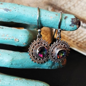 RAINBOW TOPAZ EARRINGS Handmade Sterling Silver, facetted rainbow topaz medallion dangle Earrings - Dainty & Elegant