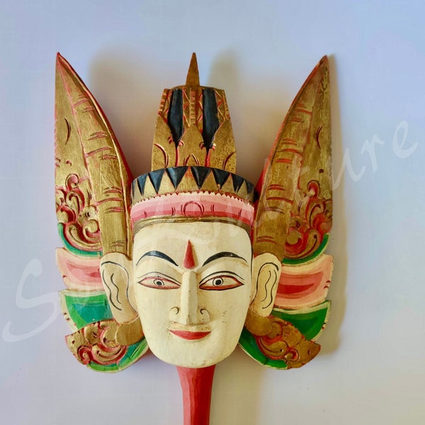 JAVANESE CARVED HEAD rare vintage Rama Wayang Head wood-carved wall sculpture ornate & opulent headdress polychrome 1950's Java DecoArt