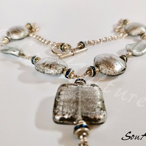 VENETIAN GLASS + SWAROVSKI Necklace - vintage silver foil and black venetian glass, Sterling Silver Swarovski crystals rondelles vintage