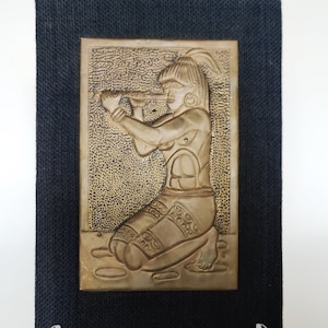 AZTEC WALL ART vintage pre-Columbian style embossed brass wall art on deep blue/black stretched canvas wood frame - unique