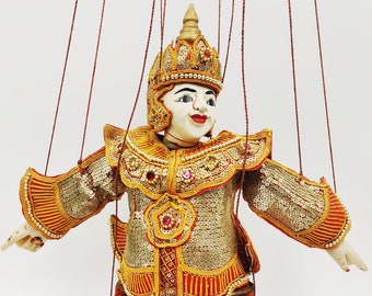 BURMESE STRING MARIONETTE rare mid-century ornate handcrafted string marionette golden beaded Kalaga outfit Rare Yoke Thé Myanmar (MA105)