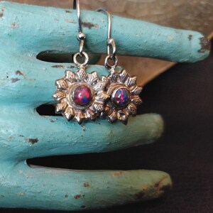 FIRE OPAL EARRINGS Handmade Sterling Silver, red fire opal flower dangle Earrings - Dainty & Elegant