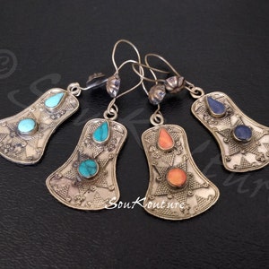 TRIBAL EARRINGS gold-washed textured guitar shape earrings lapis turquoise malachite composites  ethnic Central Asia gift for her SouKulture