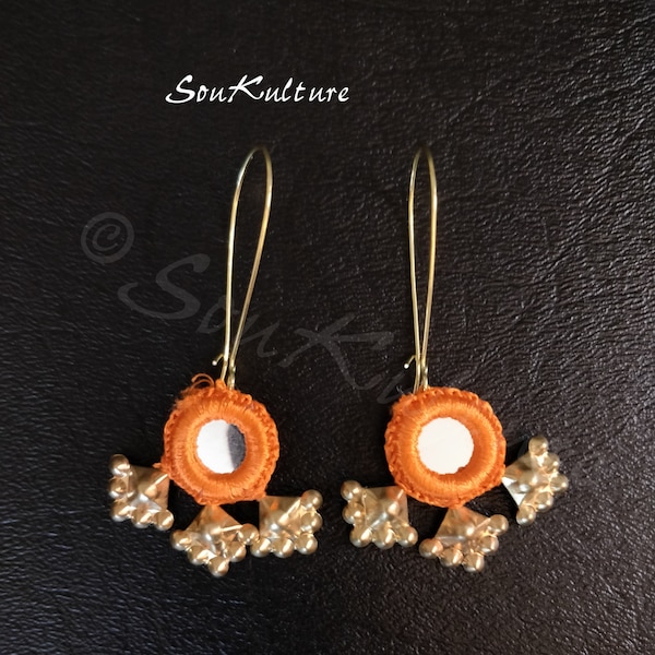 BANJARA SHISHA  EARRINGS orange crocheted shisha mirrors & vintage high polish gold tone Rajasthani dangles Very light weight boho tribal