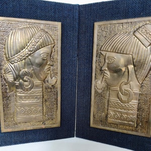 MAYAN WALL ART set of 2 vintage pre-Columbian style embossed brass wall art on deep blue/black stretched canvas wood frame