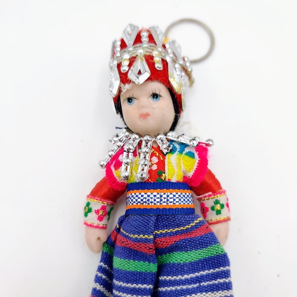 HILL TRIBE KEYCHAIN Collectible H-mong bisque & textile jeweled costumed miniature doll vintage ethnic ornament ethnic decor gift for all