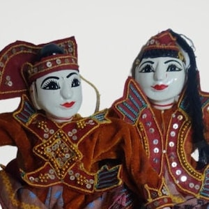 RAMA SHINTA MARIONETTES with stand vintage Gilt puppets beaded sequined handcrafted in Myanmar/Burma festive cultural decor wedding gift