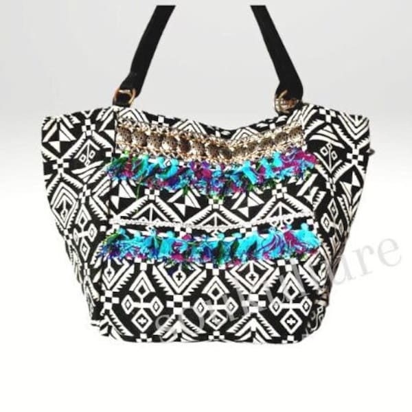 BEADED TOTE BAG Ethnic Woven Canvas with beautiful tribal/gypsy/boho design lined shoulder bag with padded straps and inside pockets.