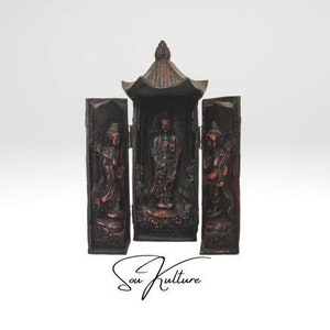 PORTABLE BUDDHIST SHRINE signed carved wood shrine of Quan Yin, Longnu & Sudhana Unfolding Triptych Statue/sculpture Religious Buddhist