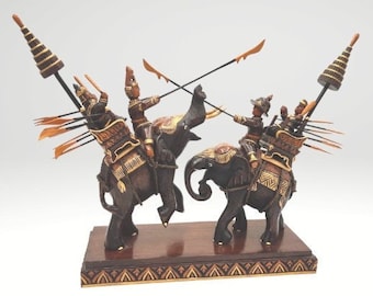 BATTLE of THE ELEPHANTS detailed wooden "battle of the elephants" tabletop sculpture figurine hand-carved in India. Rare old India find