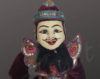 ALCHEMIST BURMESE MARIONETTE vintage Gilt puppet with stand beaded sequined handcrafted "the alchemist" Rare Myanmar theatre Yoke Thé